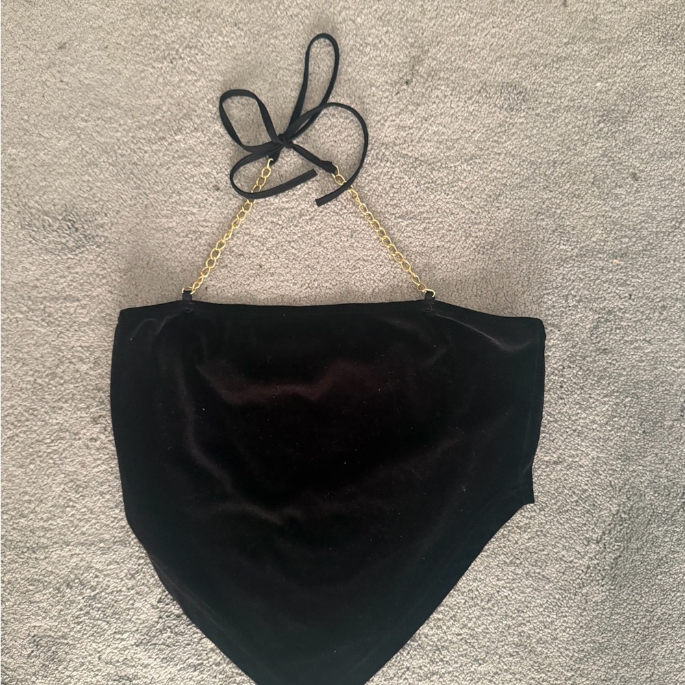 Black Velvet Triangle Top with Gold Chain Strap